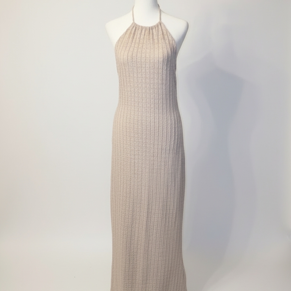 Elegant Beige Halter Neck Maxi Dress